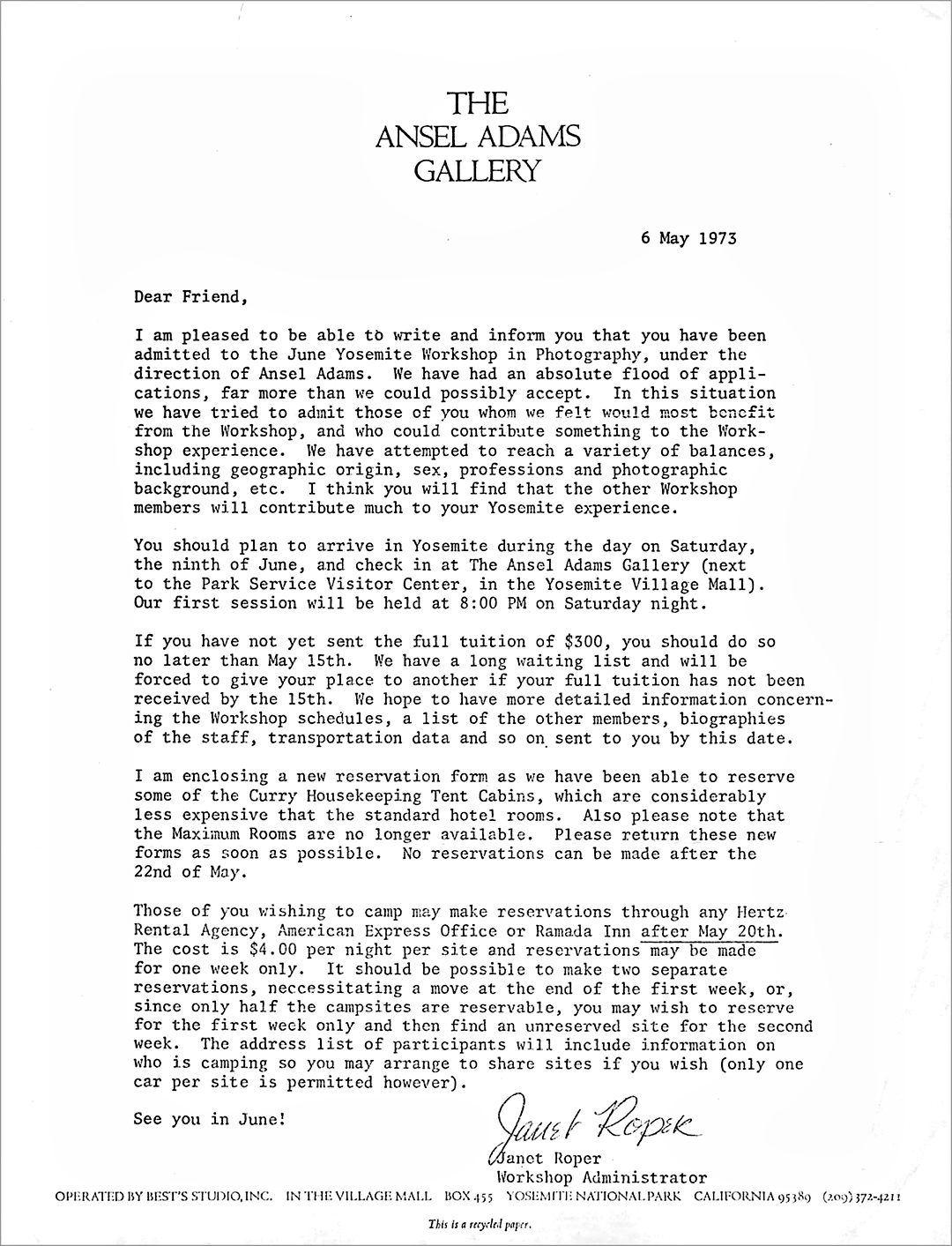 1973 Ansel Adams Workshop Acceptance Letter